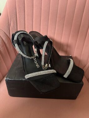 Black Crystal-Embellished Women's Heeled Sandals